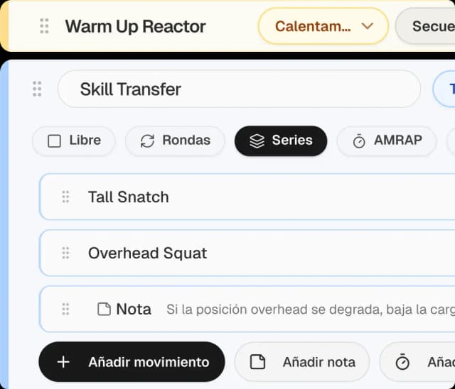 Vista de programación y entrenamientos